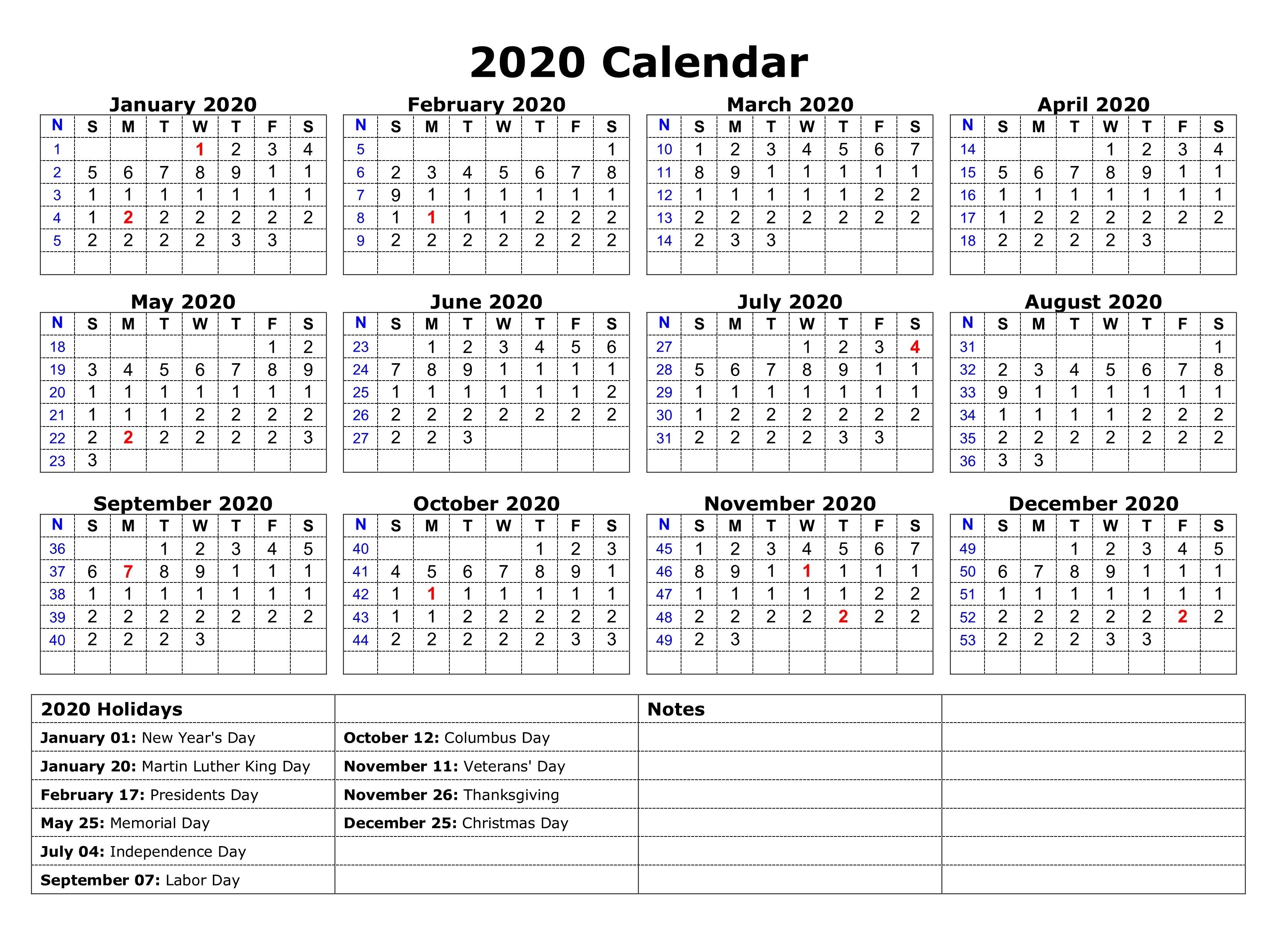 2020 one page calendar printable