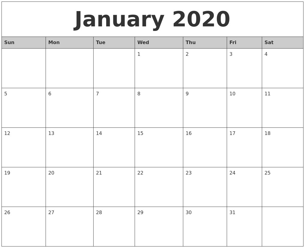 january 2020 monthly calendar printable