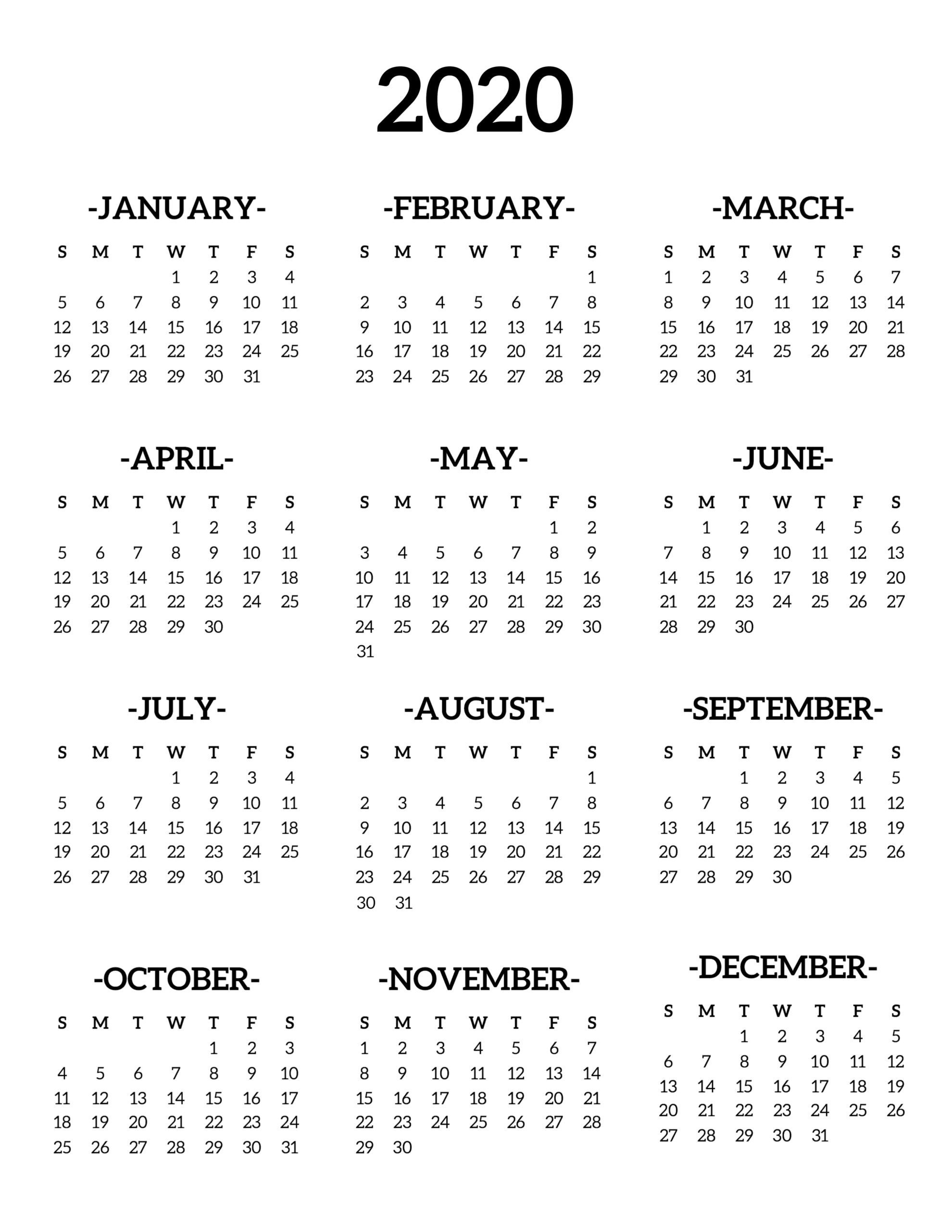 calendar 2020 printable one page