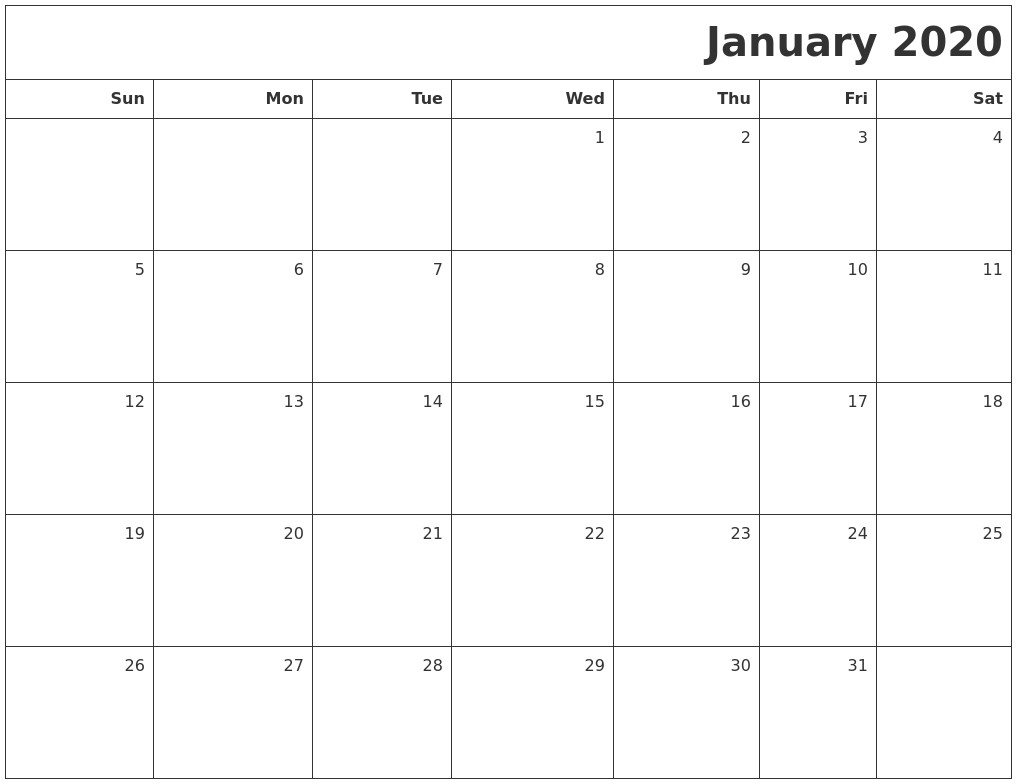 january 2020 printable blank calendar