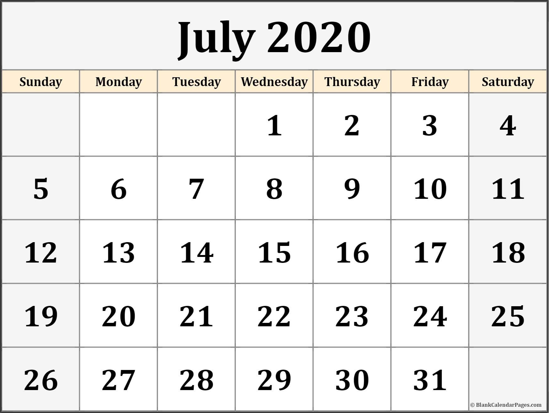 2020 Blank Calendar Printable July 2020 Calendar