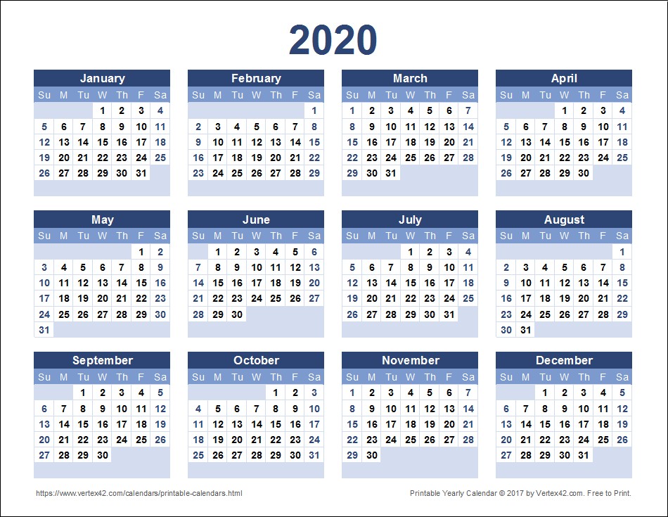 2020 Free Printable Calendar Download A Free Printable 2020 Yearly Calendar From