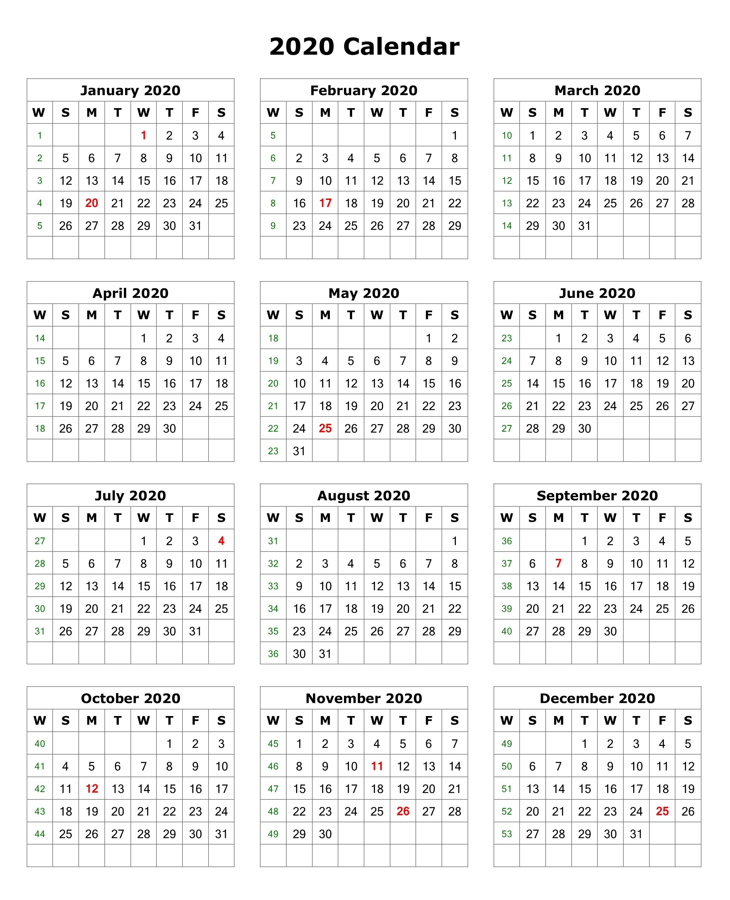 2020 one page calendar printable