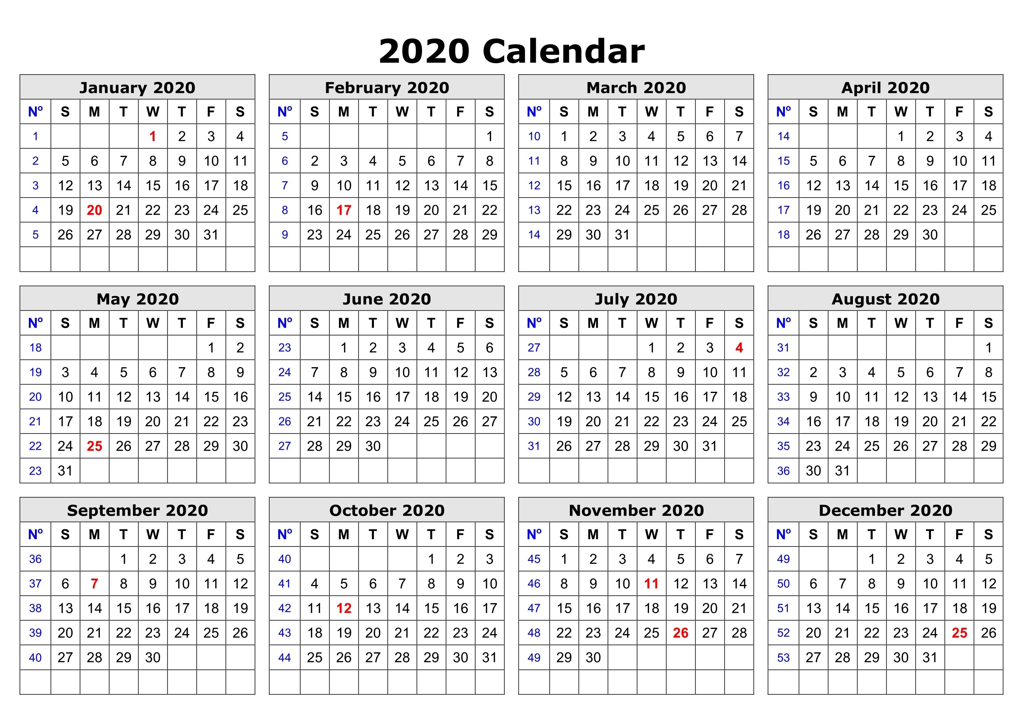 2020 one page calendar printable