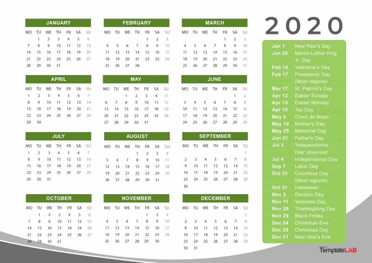 Calendar 2020 Printable 12 Months 2020 Printable Calendar with Holidays