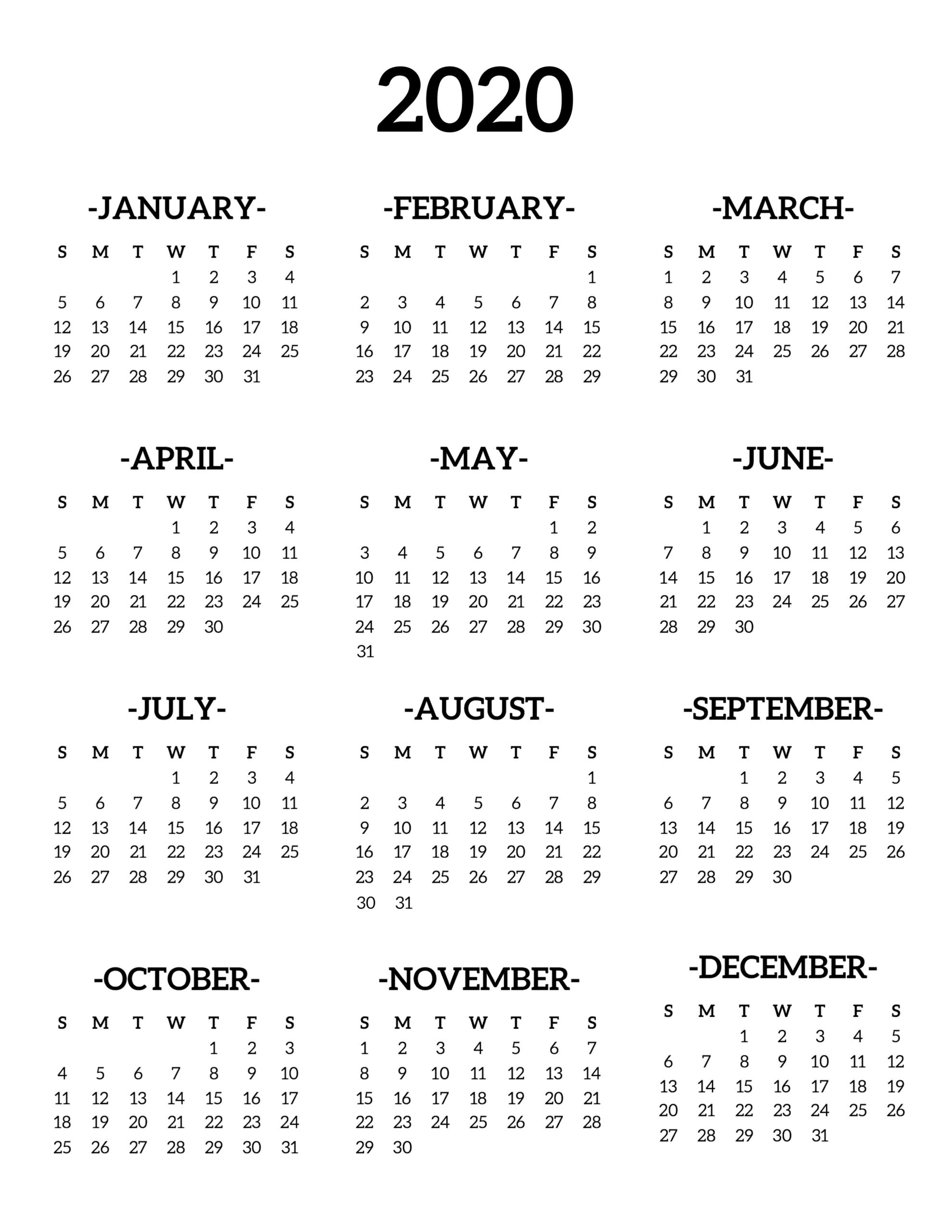 calendar 2020 printable one page