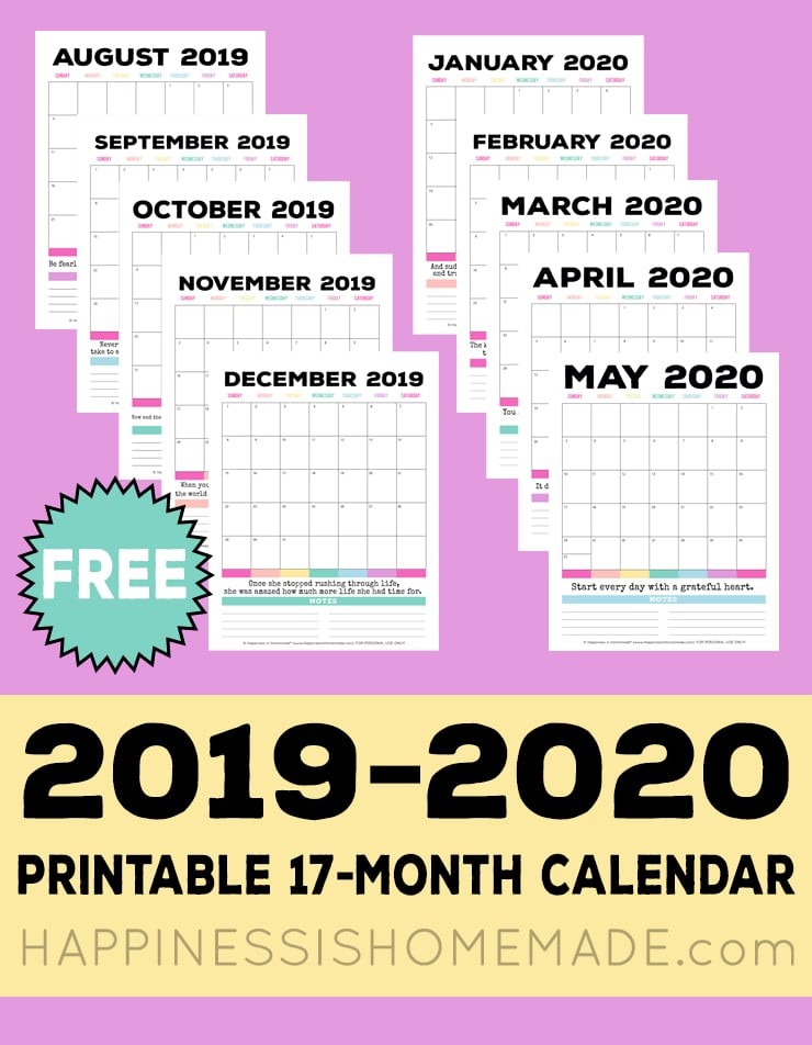 Calendar 2020 Printable Free 2019 2020 Free Printable Monthly Calendar Happiness is