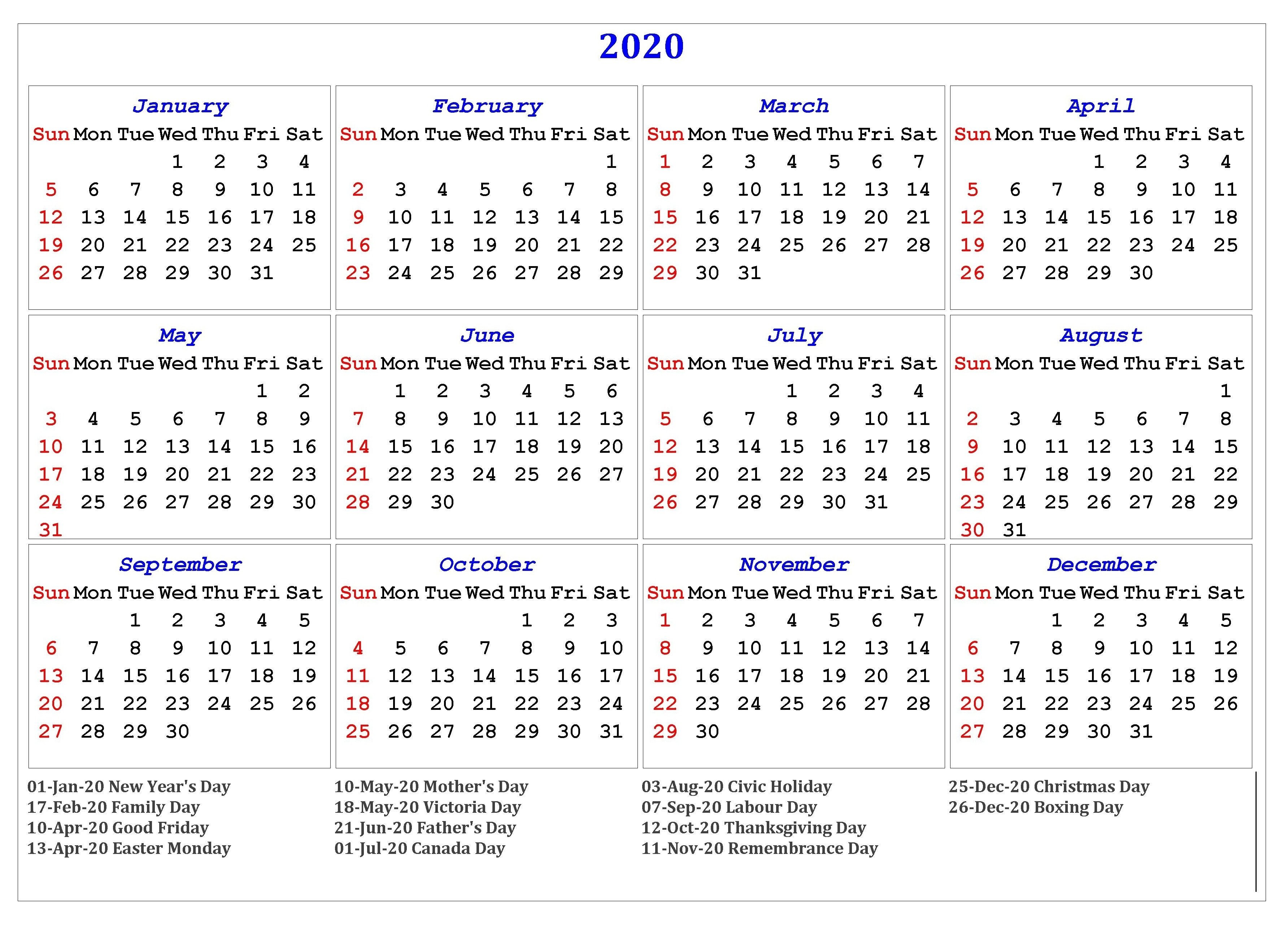 2020 one page calendar printable