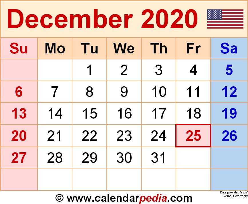 december 2020 calendar