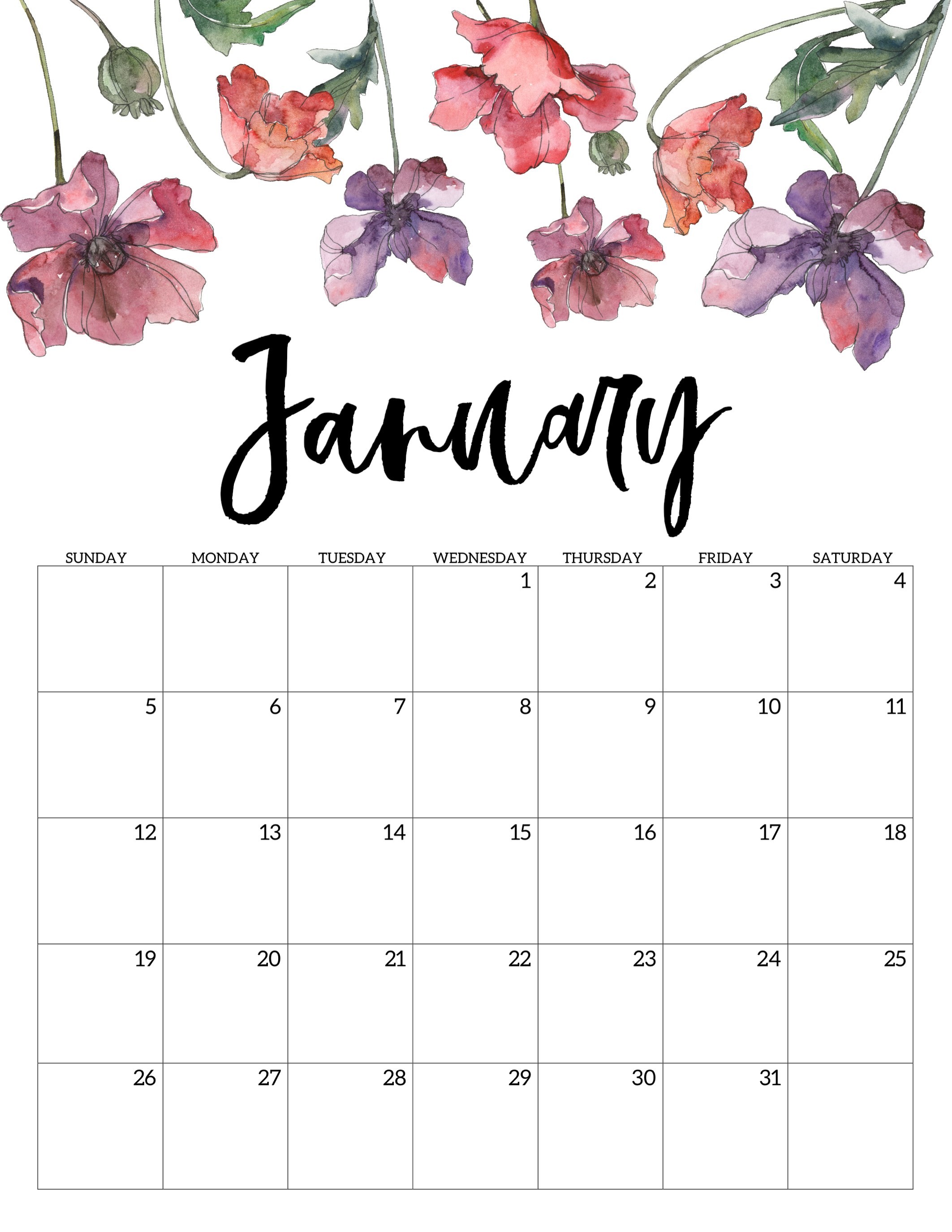 2020 free printable calendar floral