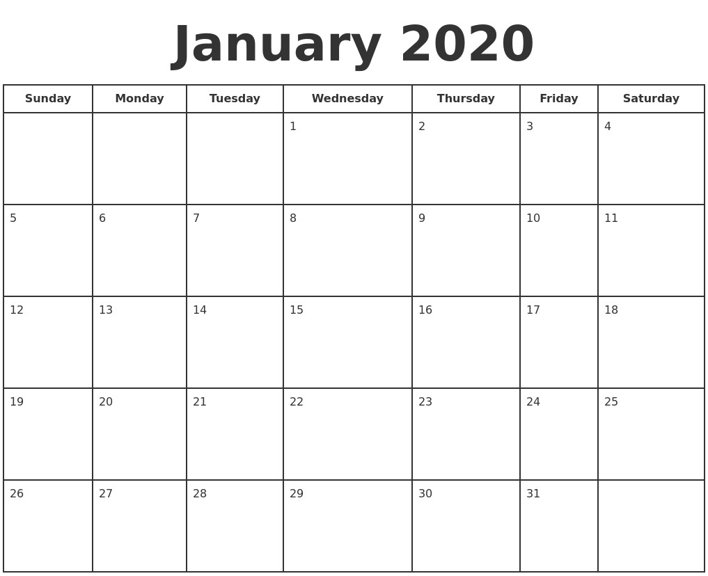 january 2020 print a calendar