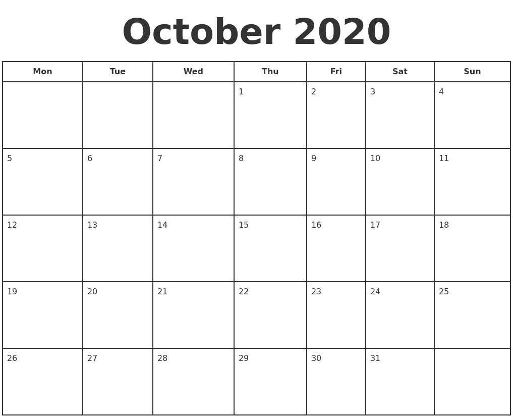 october 2020 print a calendar