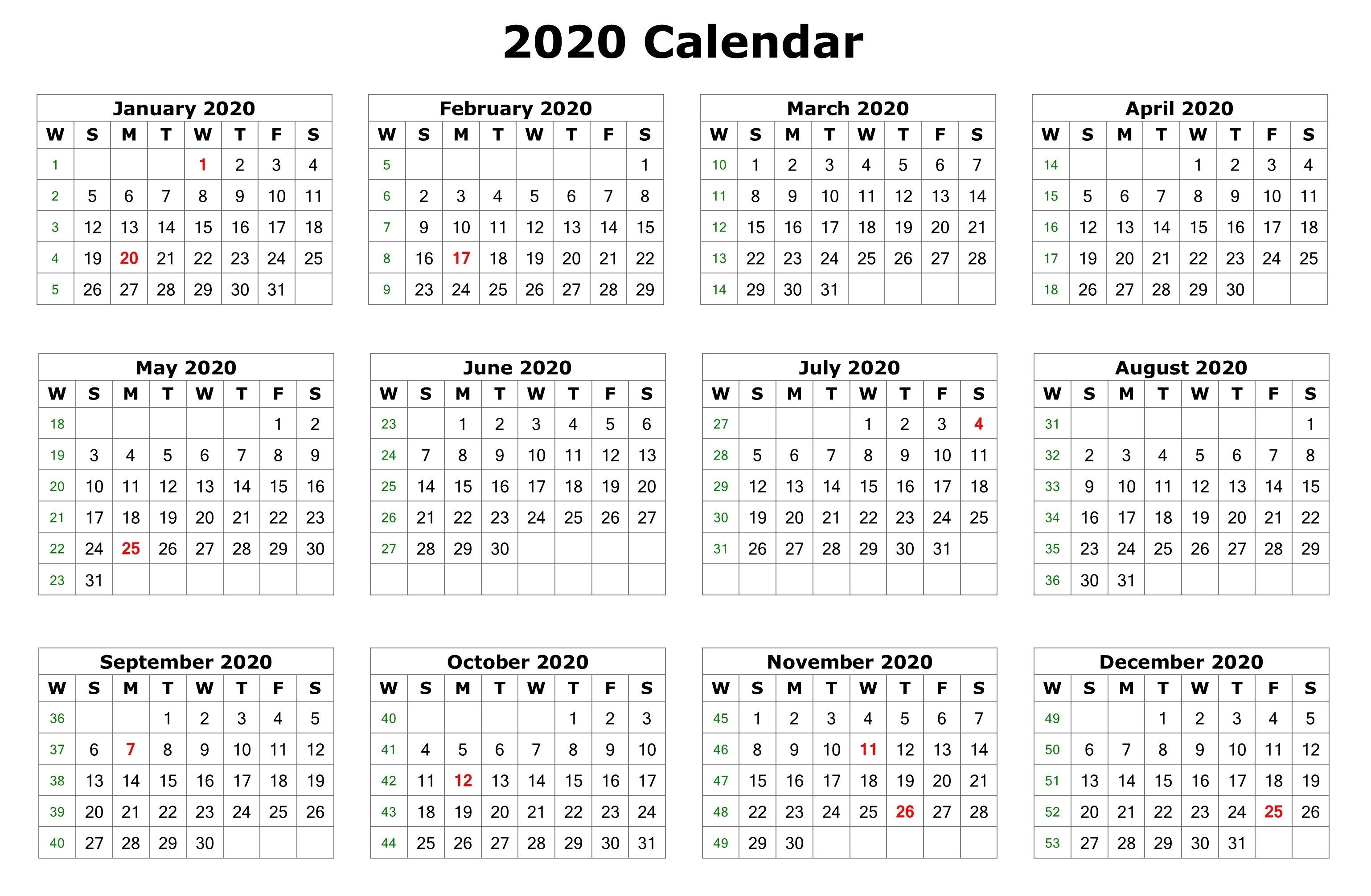 2020 one page calendar printable