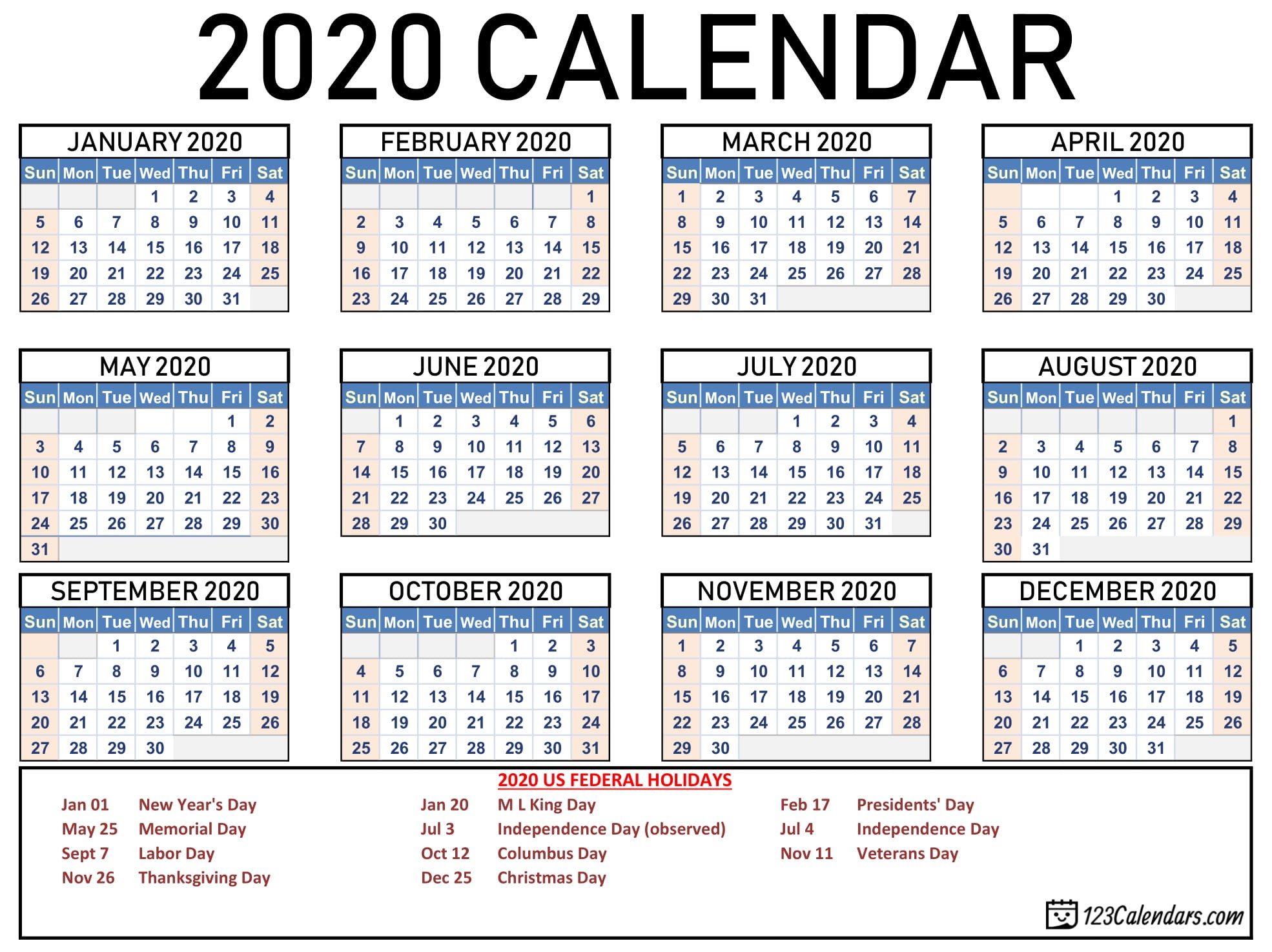 2020 calendar