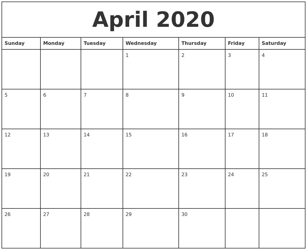 april 2020 printable monthly calendar