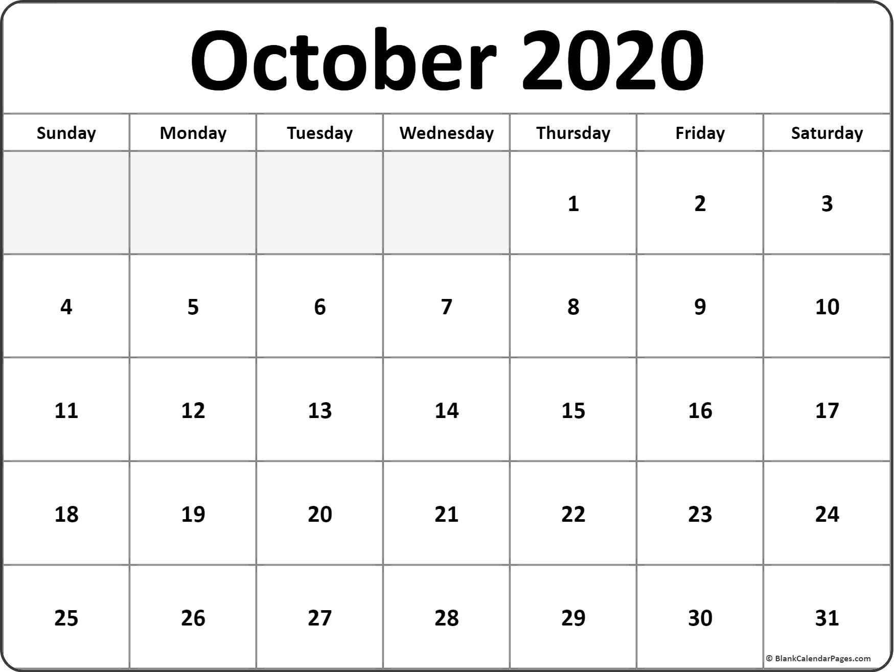 October 2020 calendar