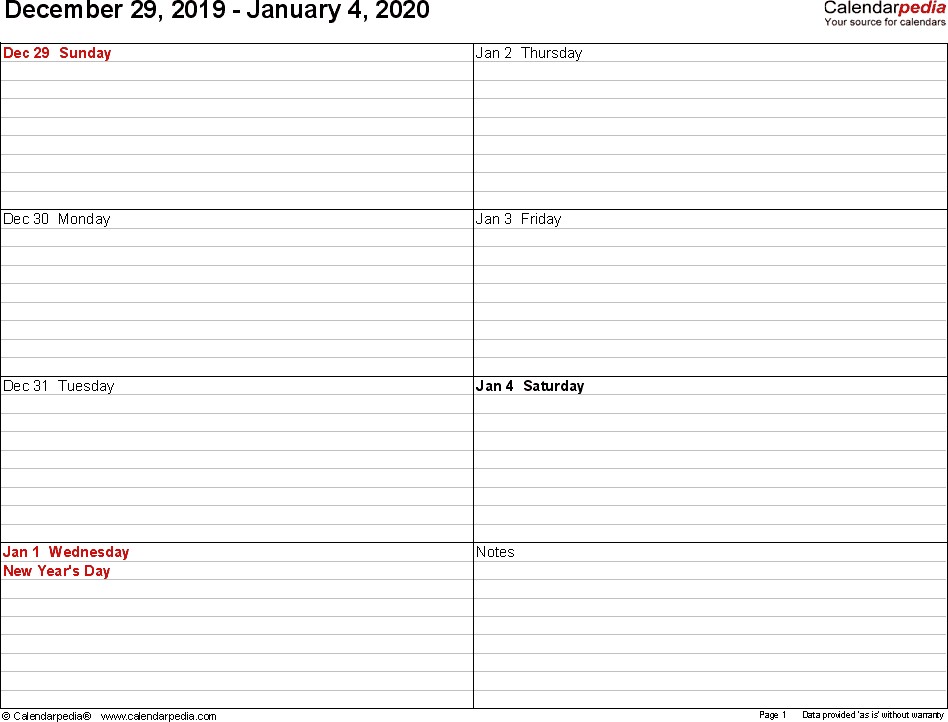 weekly calendar 2020 pdf templates