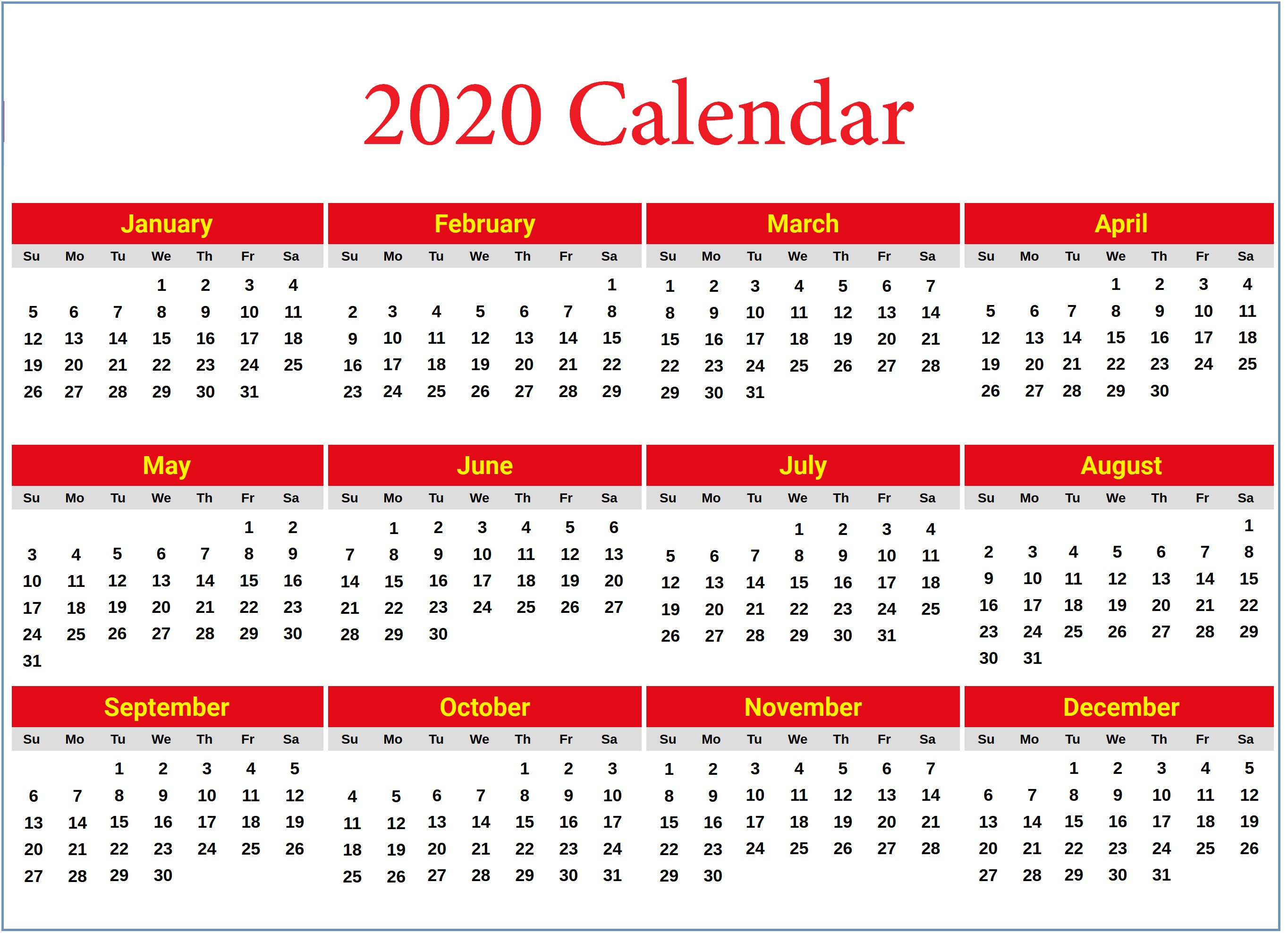 2020 yearly calendar printable