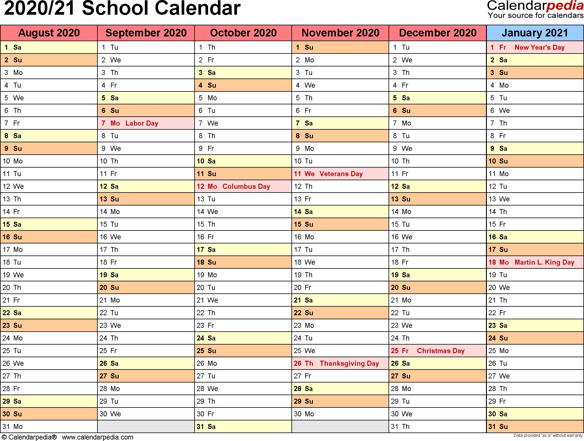 school calendar 2020 2021 excel templates