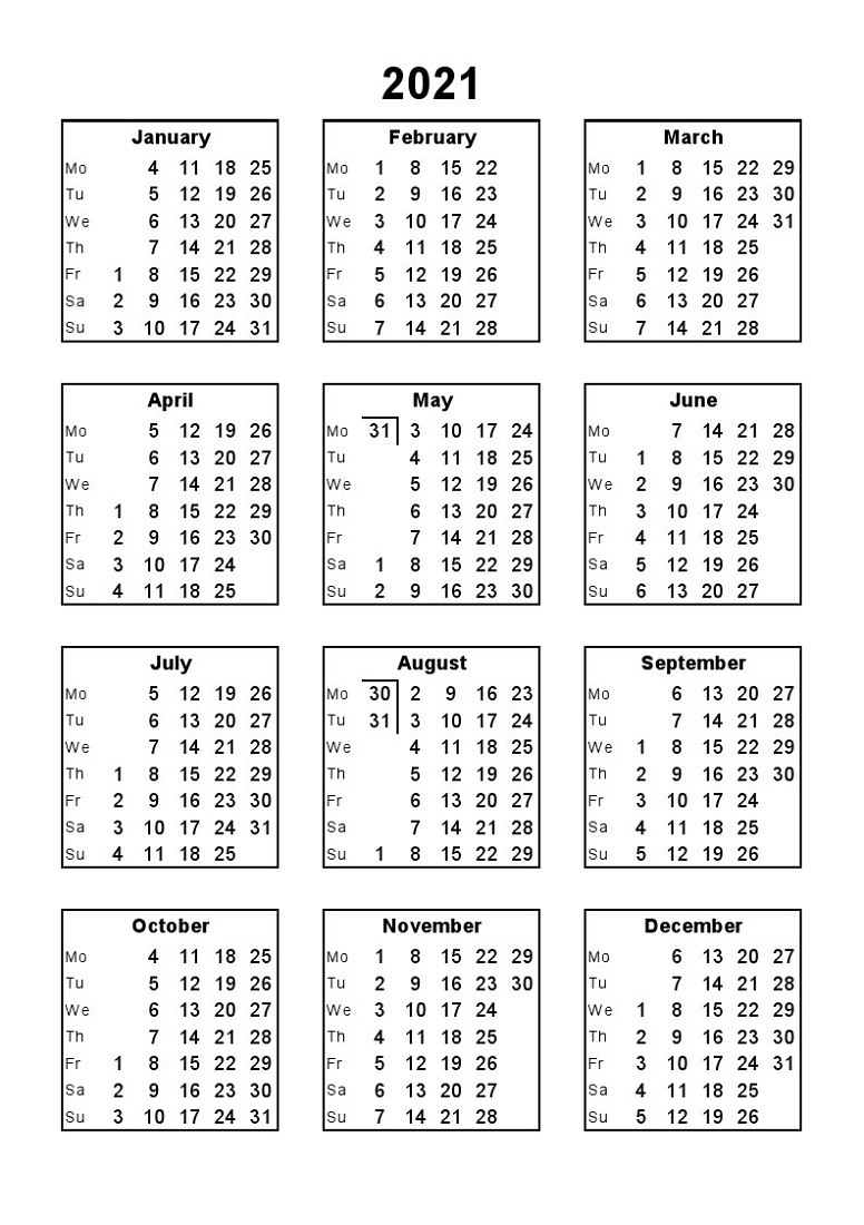 printable 12 month calendar 2021 various size