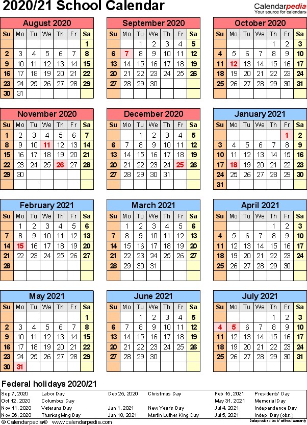 school calendar 2020 2021 excel templates