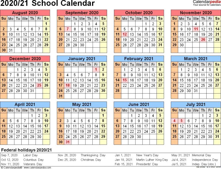 2021 and 2020 School Calendar Printable Free for Class | Free Printable ...