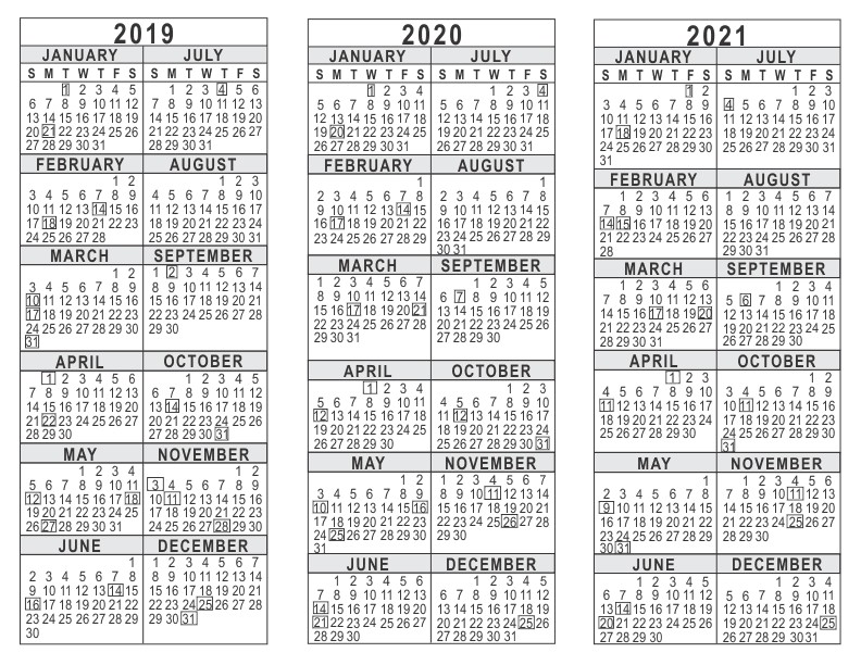 2019 2020 2021 3 Year Calendar