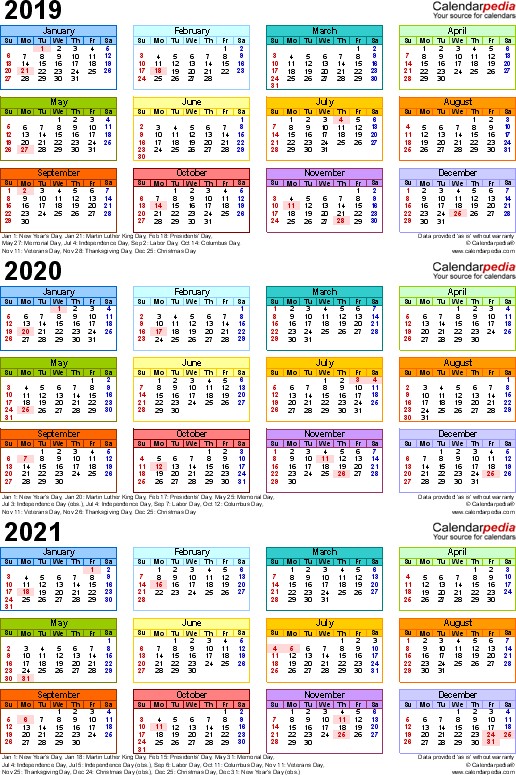 three year 2019 2020 2021 calendar word templates