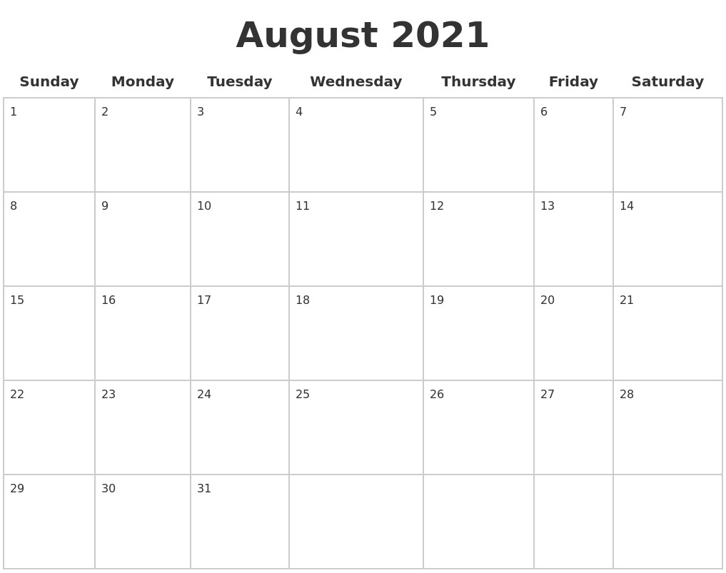 august 2021 blank calendar pages