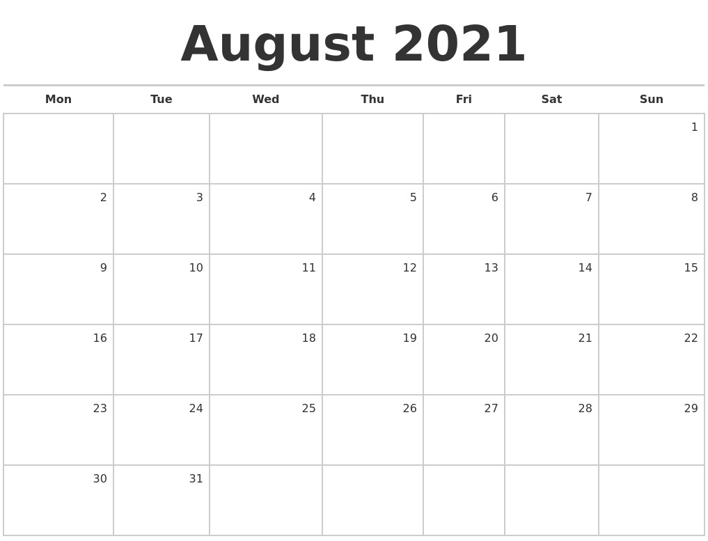 august 2021 blank monthly calendar