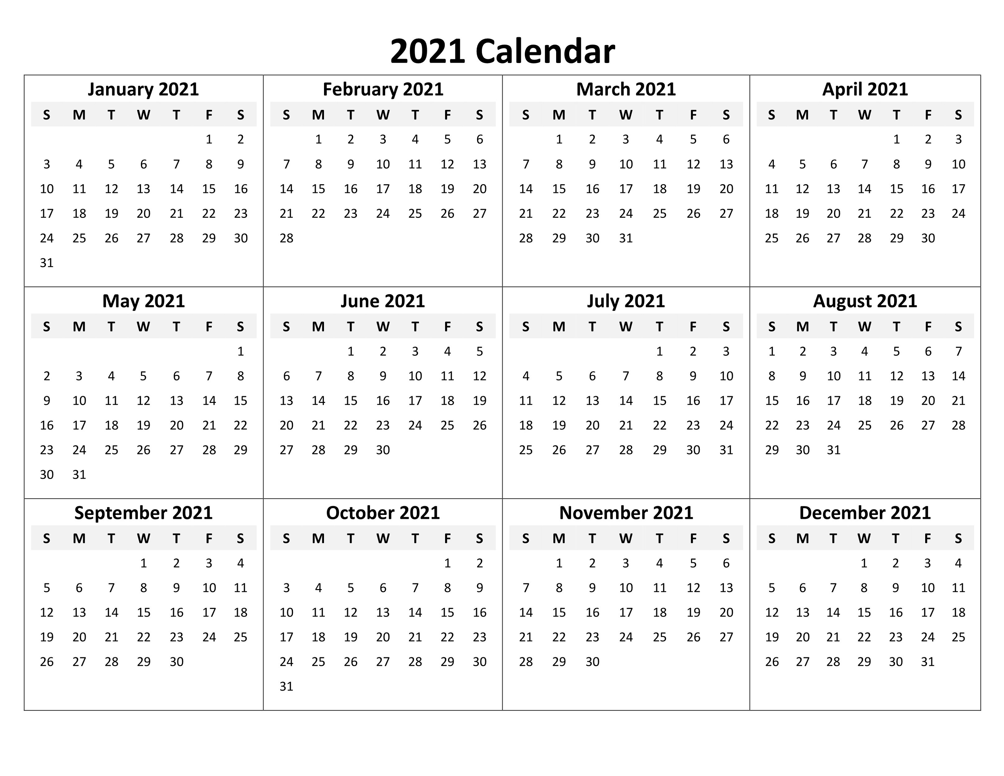 printable blank calendar 2021 yearly and monthly