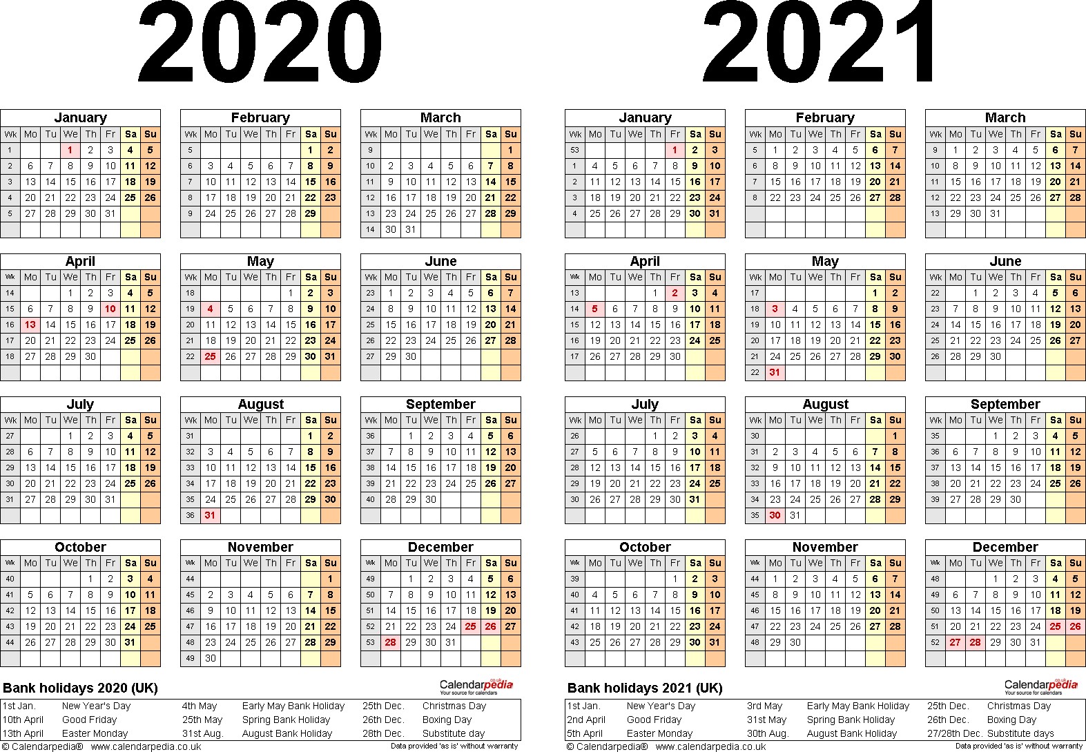 two year calendar 2020 2021 word templates