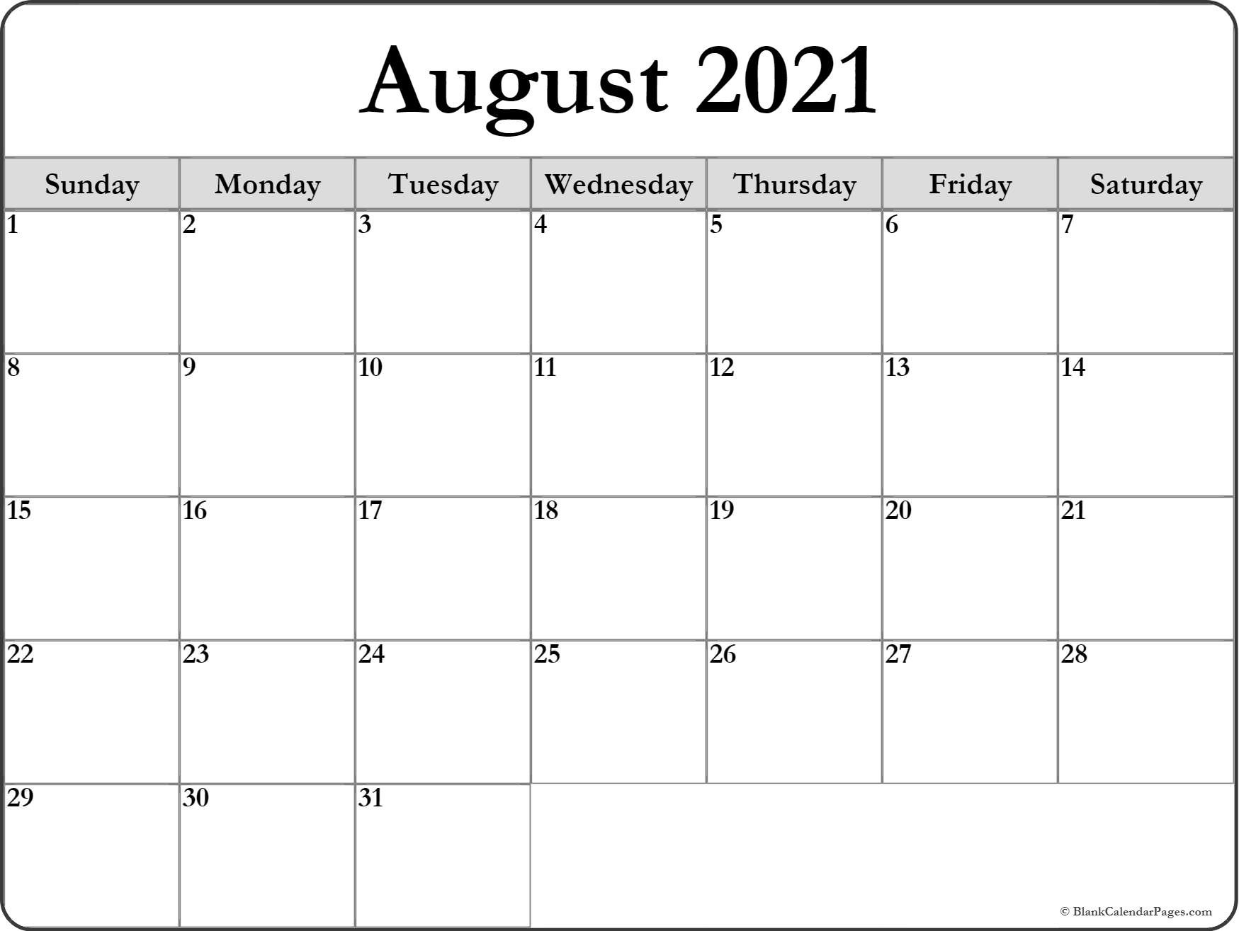 August 2021 calendar