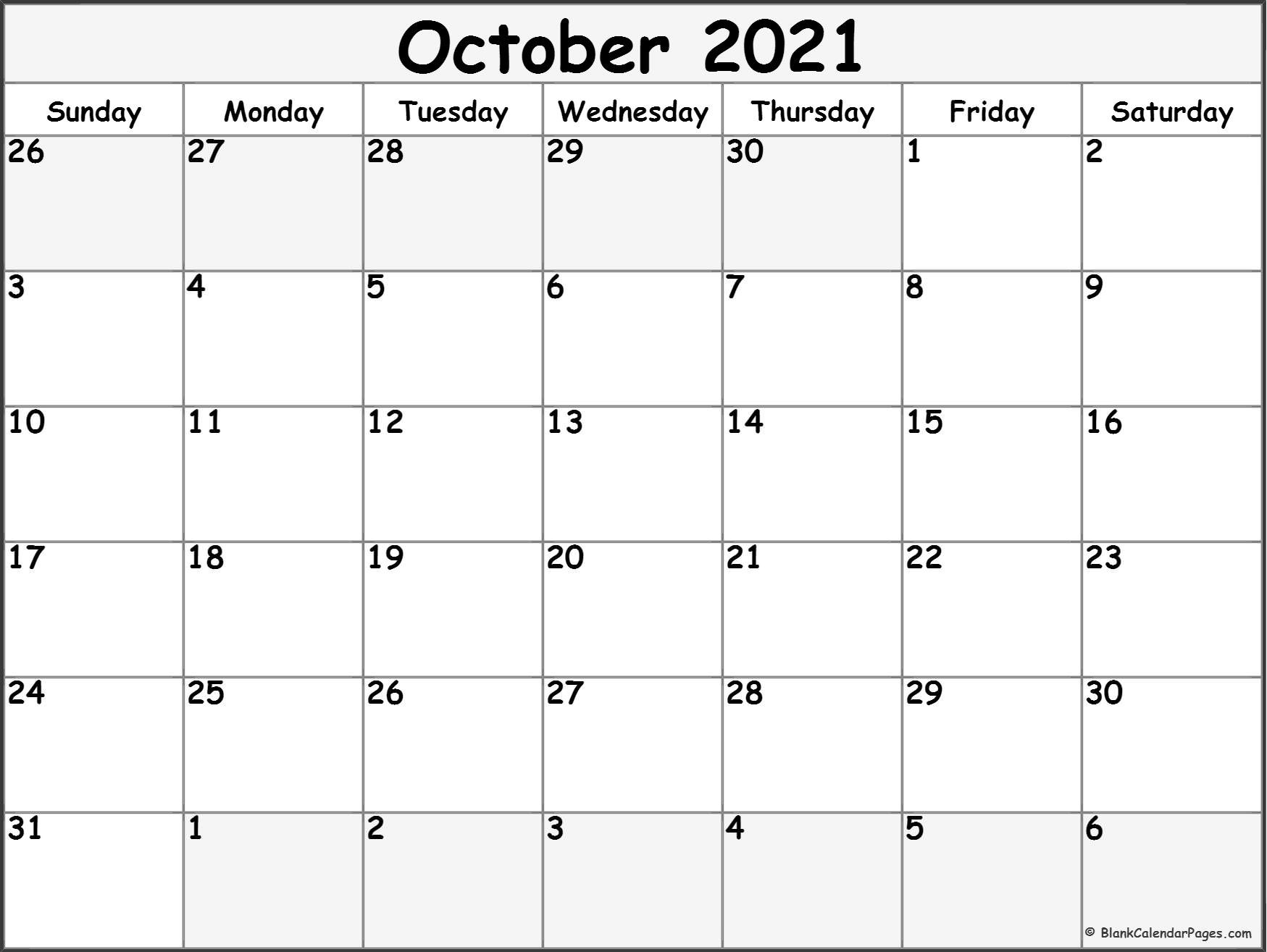 October 2021 calendar