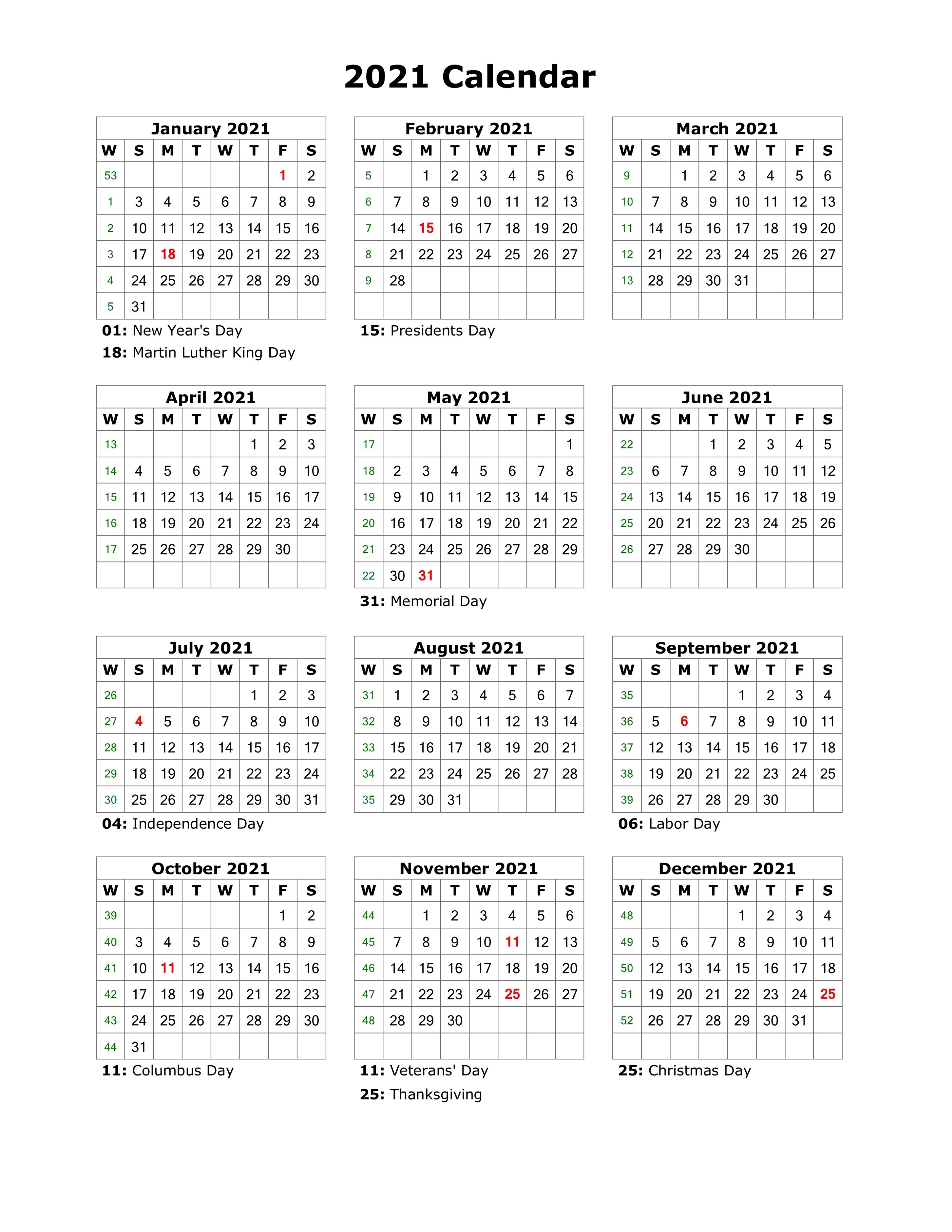 year 2021 calendar printable full for agenda