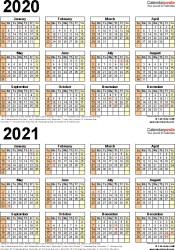 two year 2020 2021 calendar word templates