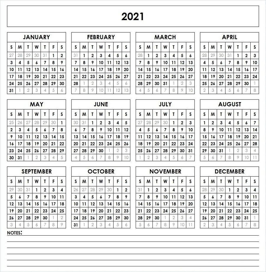 2021 blank yearly calendar full page for adult