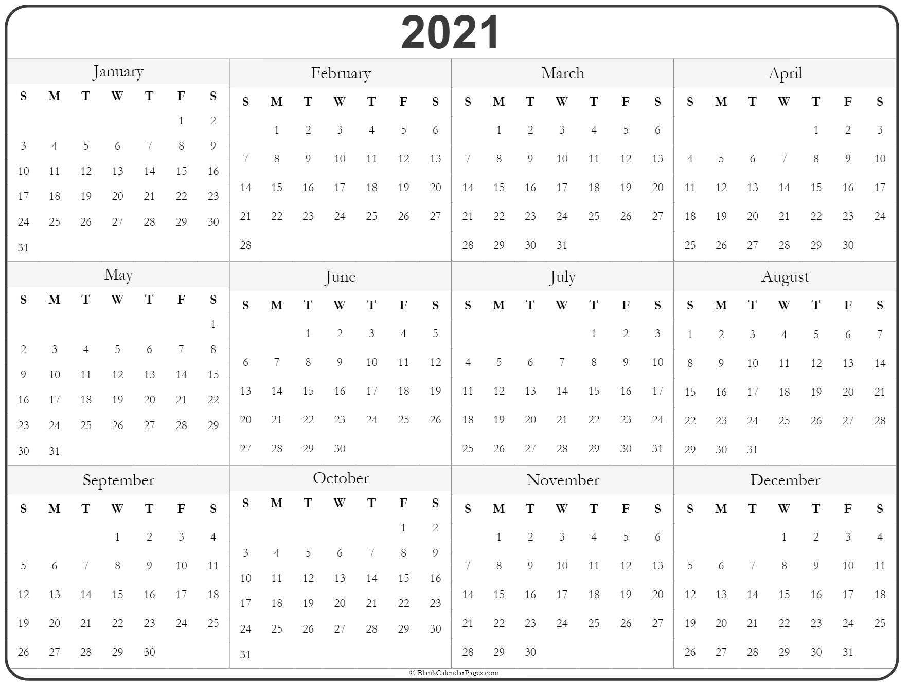 2021 Blank Yearly Calendar Full Page For Adult Free Printable 