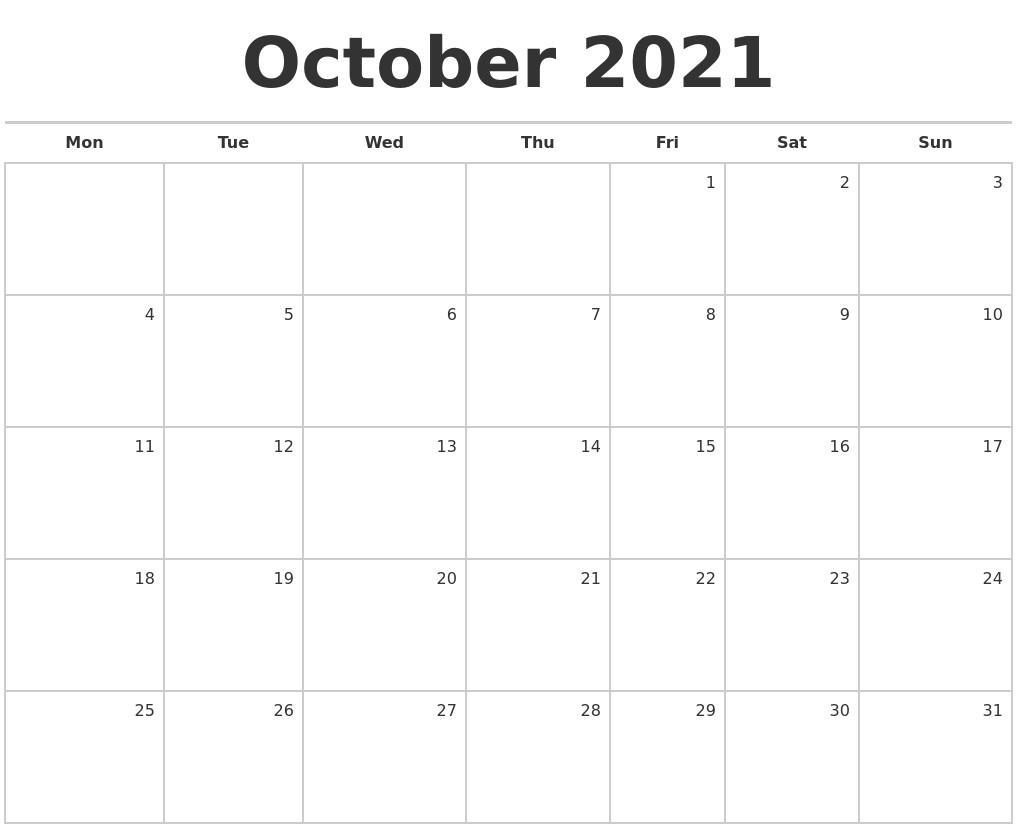 october 2021 blank monthly calendar