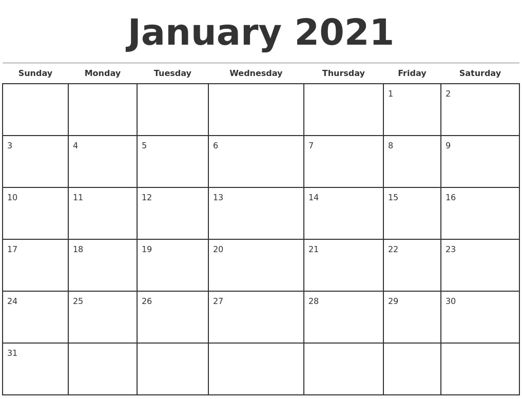 january 2021 monthly calendar template