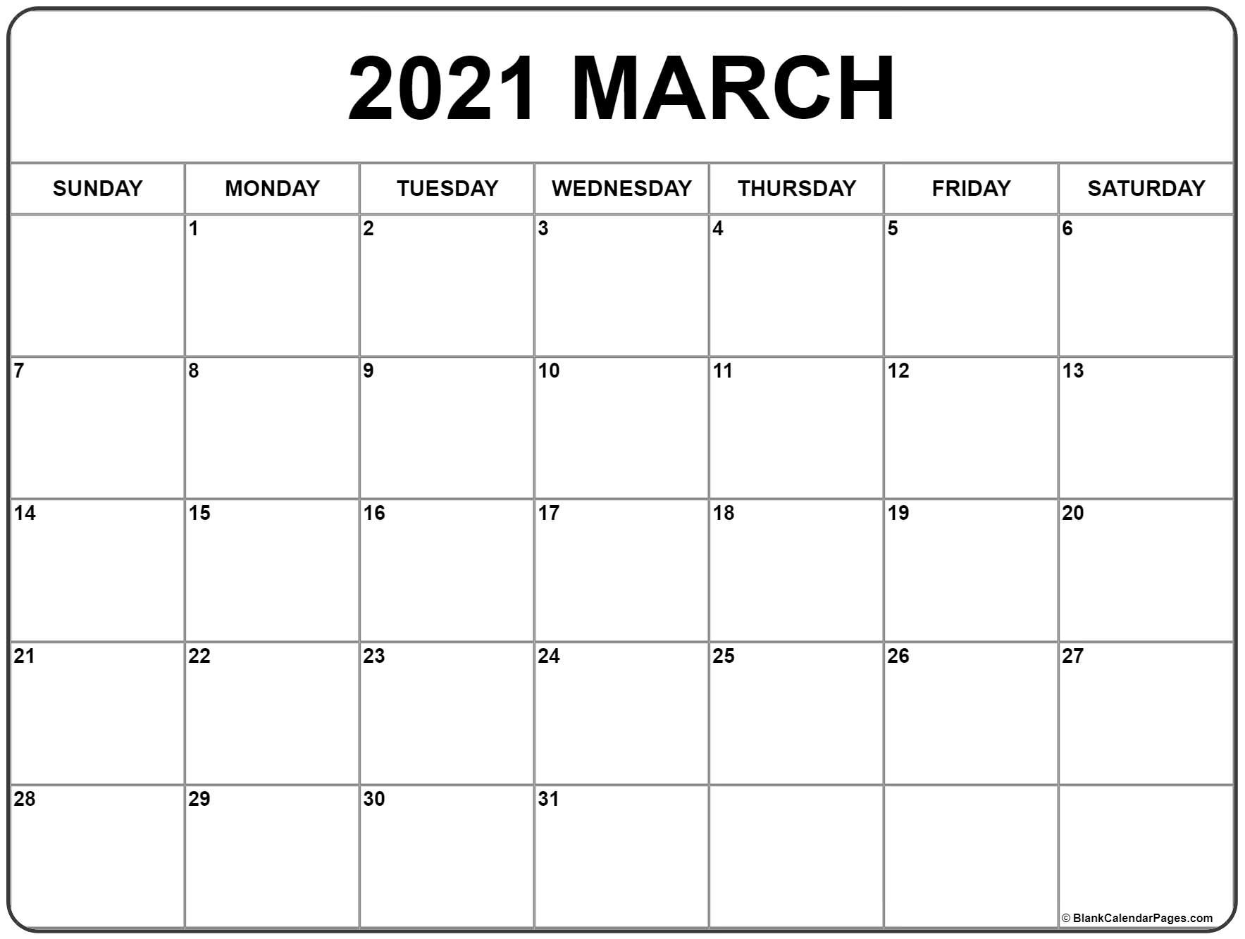 Printable Monthly Calendar 2021 Free March 2021 Calendar