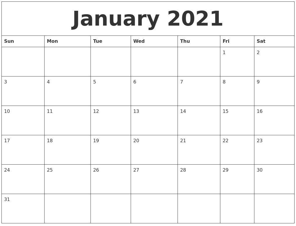 january 2021 blank monthly calendar template