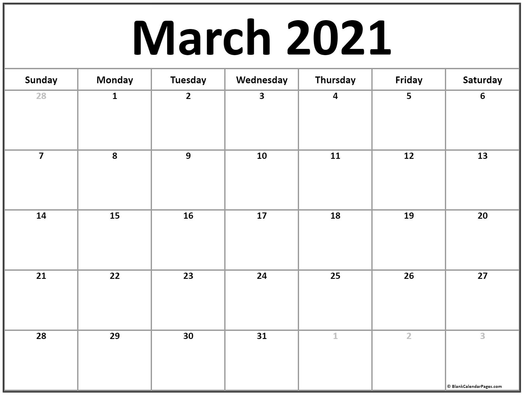 Printable Monthly Calendar Template 2021 Blank March 2021 Calendar