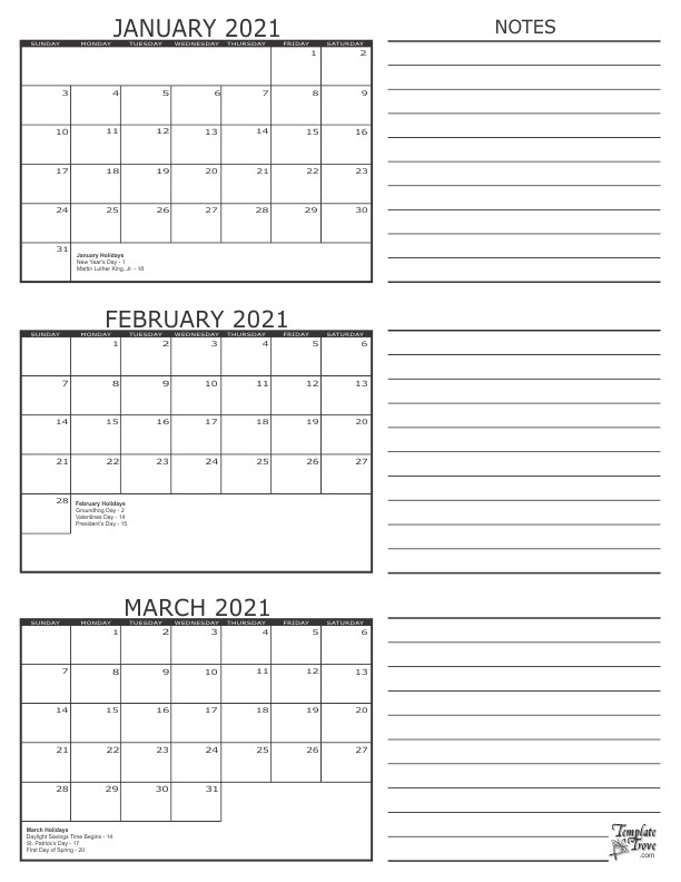 3 Month Calendar 2021