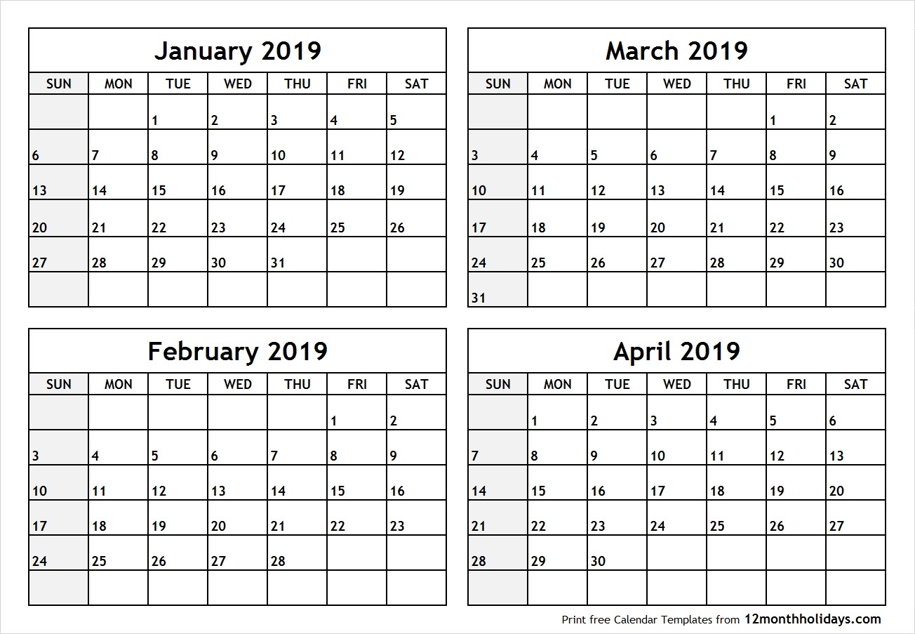 january to april 2019 calendar