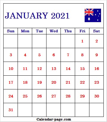 calendar 2021 january with australia flag