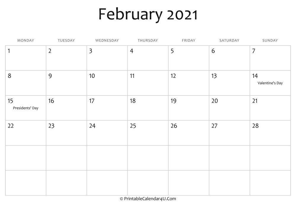 february 2021 editable calendar holidays