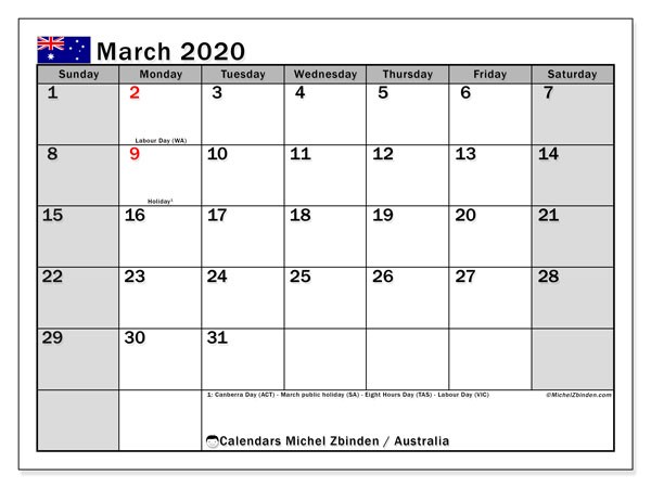 calendar march 2020 australia