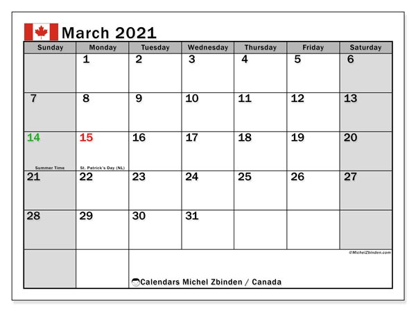 calendar march 2021 canada