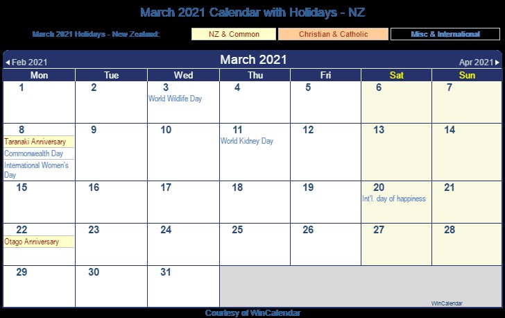 calendar march 2021 nz